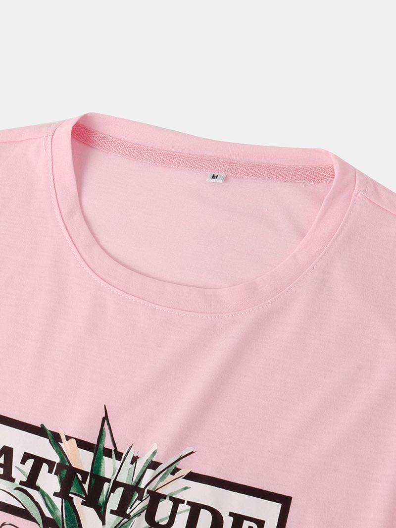 100% Bomuld Brevtryk Ananas Mønster Pink Kortærmede Casual T-shirts