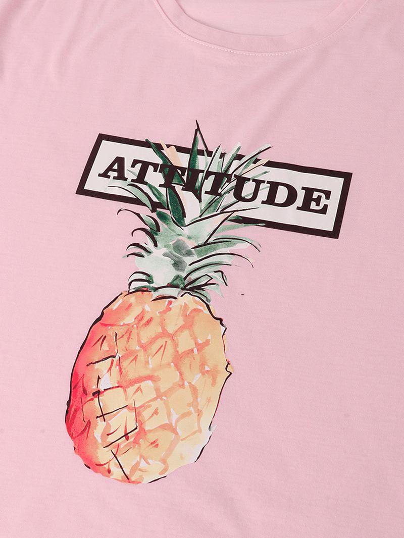 100% Bomuld Brevtryk Ananas Mønster Pink Kortærmede Casual T-shirts