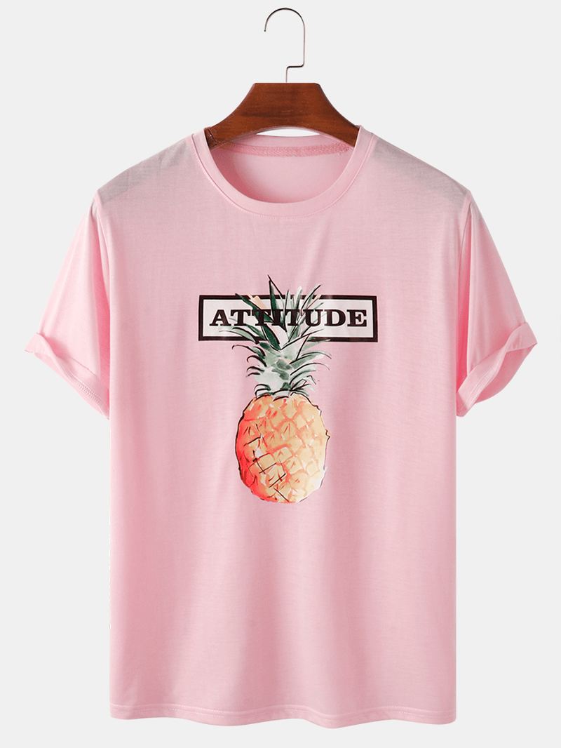 100% Bomuld Brevtryk Ananas Mønster Pink Kortærmede Casual T-shirts