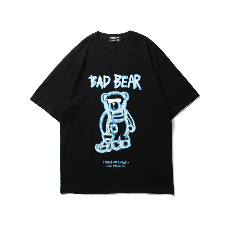 2021 Summer New Tide Brand Creative Graffiti Bear Med Tryk Kortærmet T-shirt Herre Løs Halværmet T-shirt Med Rund Hals