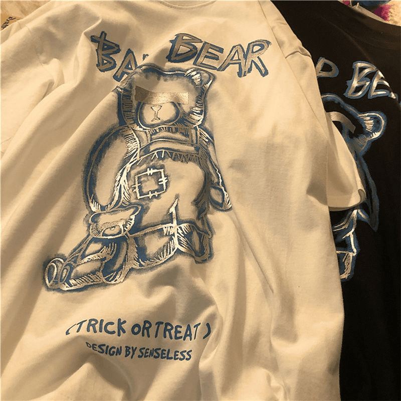 2021 Summer New Tide Brand Creative Graffiti Bear Med Tryk Kortærmet T-shirt Herre Løs Halværmet T-shirt Med Rund Hals