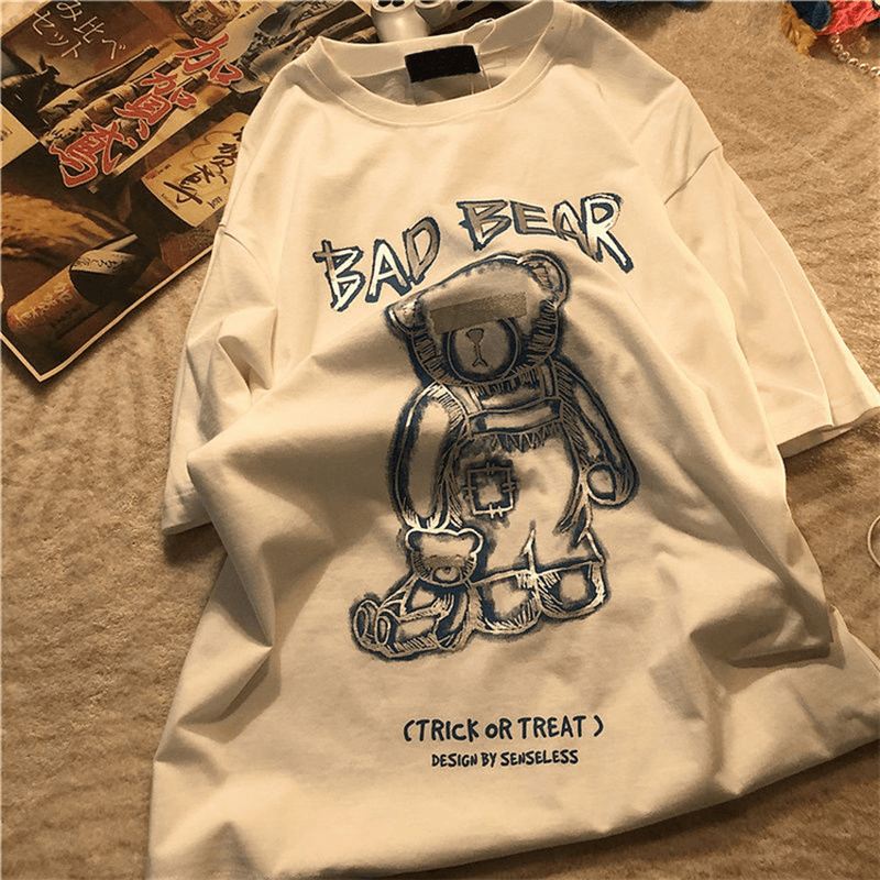 2021 Summer New Tide Brand Creative Graffiti Bear Med Tryk Kortærmet T-shirt Herre Løs Halværmet T-shirt Med Rund Hals