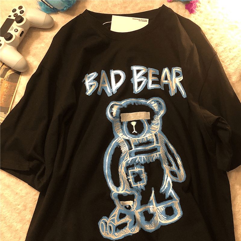 2021 Summer New Tide Brand Creative Graffiti Bear Med Tryk Kortærmet T-shirt Herre Løs Halværmet T-shirt Med Rund Hals