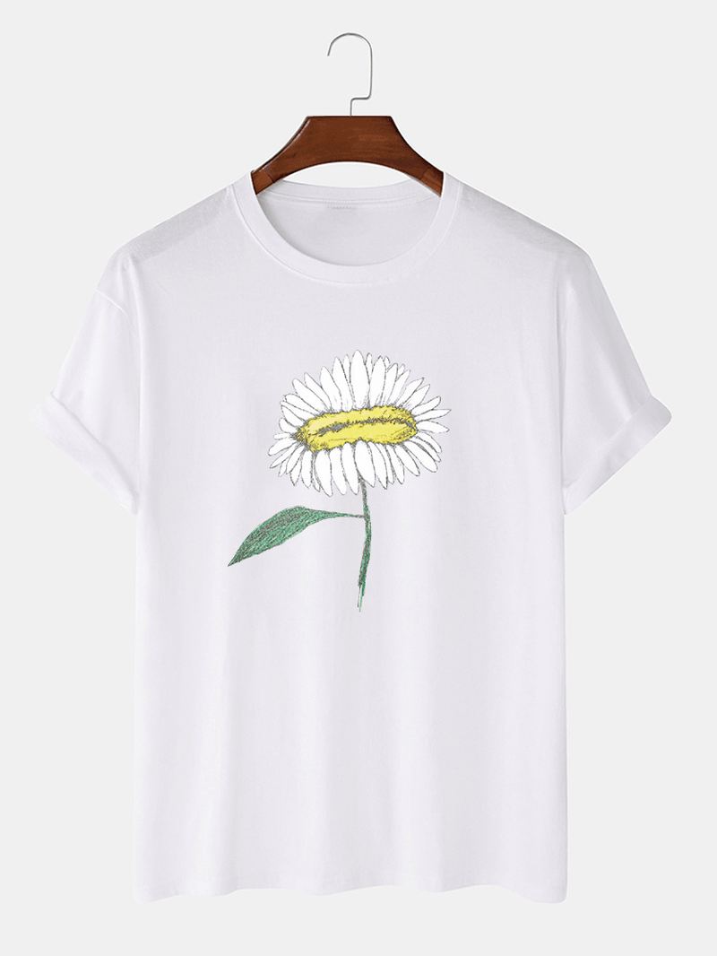 Håndmalet Blomsterprint Til Mænd 100% Bomuld O-hals Kortærmet T-shirt