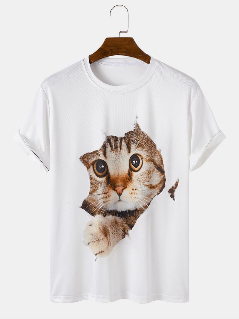 Herre 3d Cute Kat Med Tryk Solid Casual Løs Kortærmet T-shirt