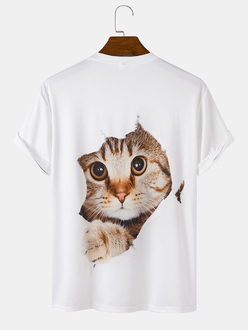 Herre 3d Cute Kat Med Tryk Solid Casual Løs Kortærmet T-shirt