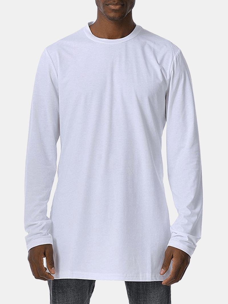 Herre Ensfarvet Rund Hals Side Split Langærmet Casual T-shirts