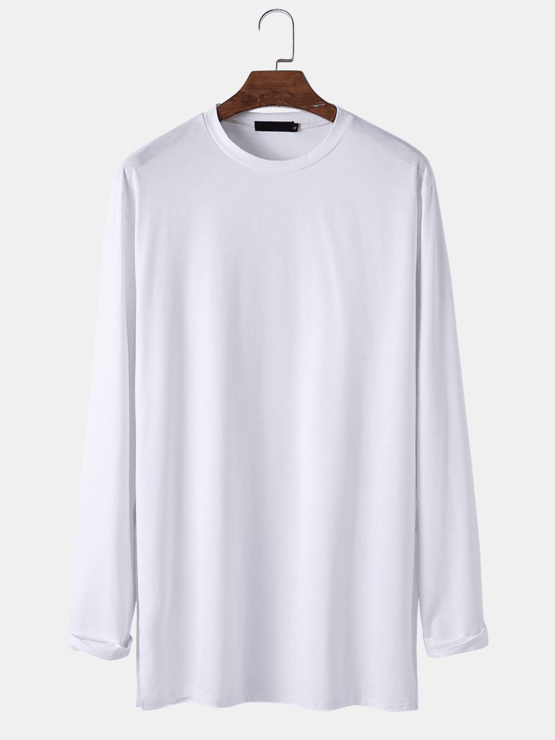 Herre Ensfarvet Rund Hals Side Split Langærmet Casual T-shirts