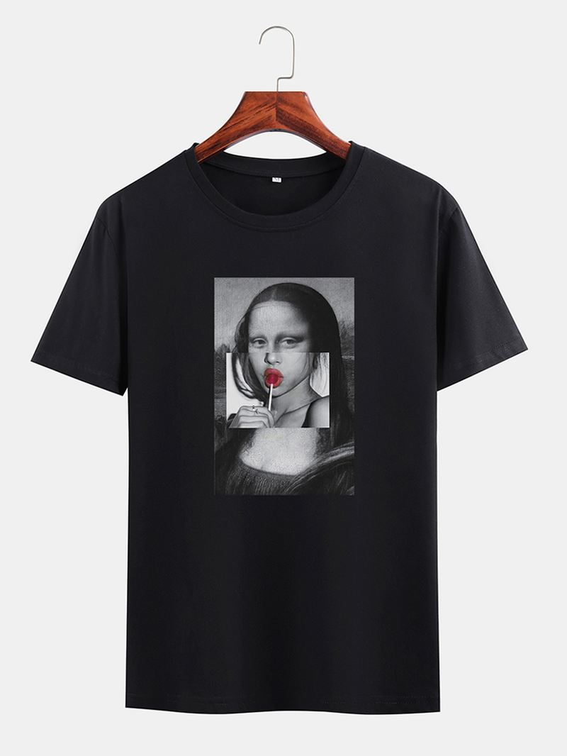 Herre Funny Kuso Mona Lisa Licens Crew Neck Sorte Kortærmede T-shirts