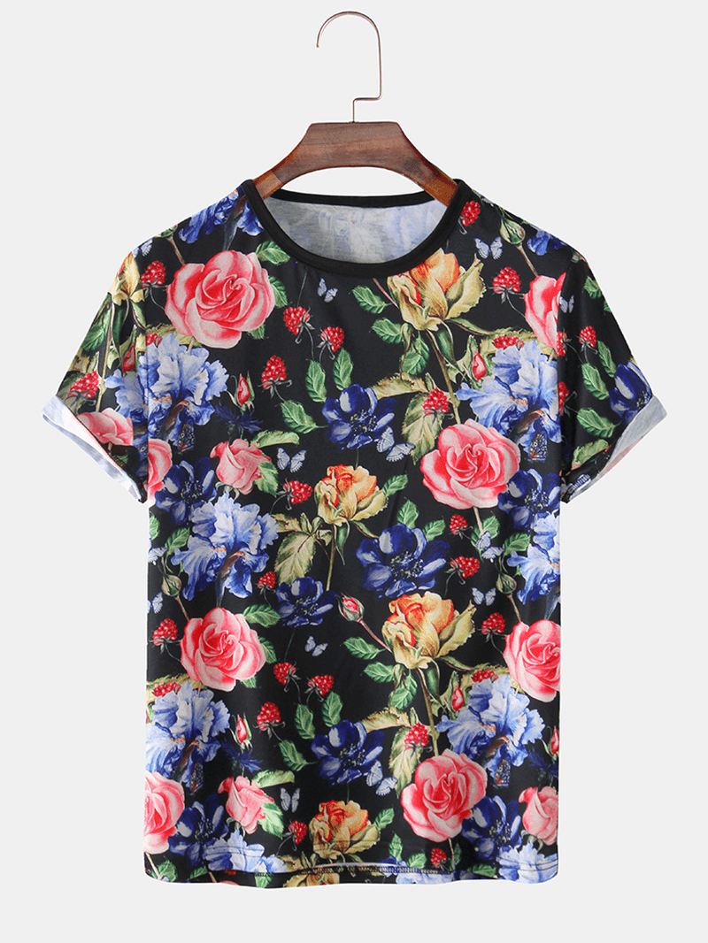 Herre Rose Blomstertryk Holiday Casual Kortærmede T-shirts