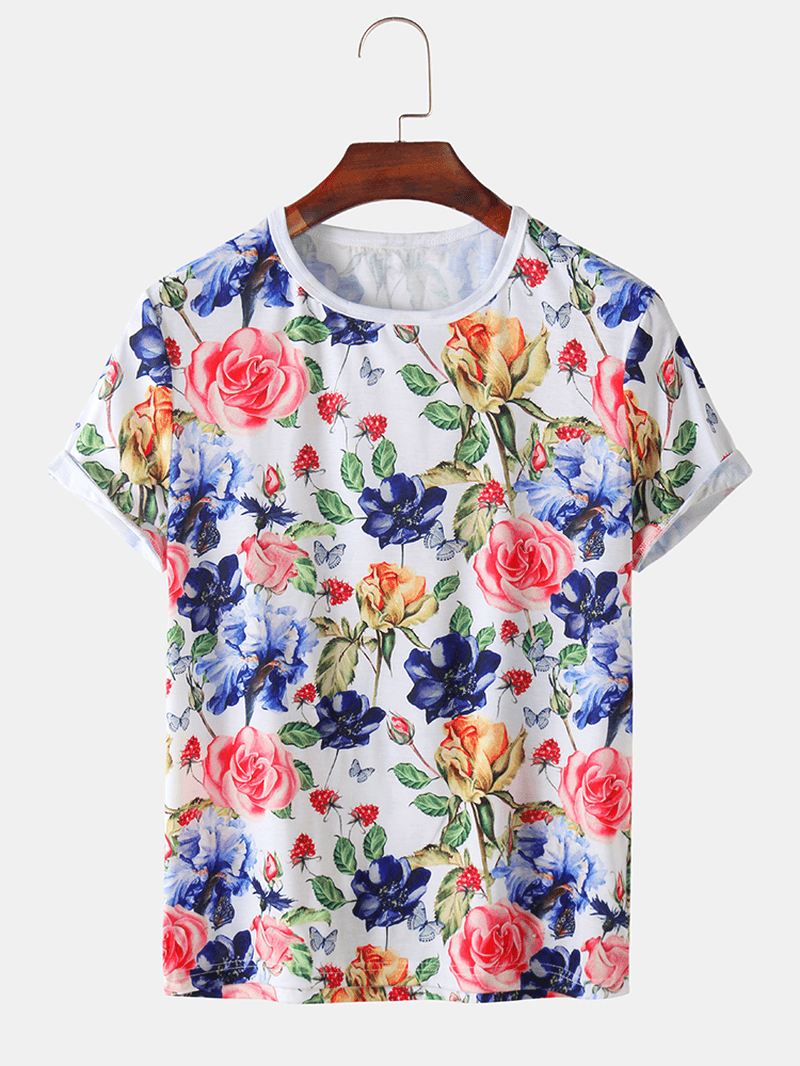 Herre Rose Blomstertryk Holiday Casual Kortærmede T-shirts