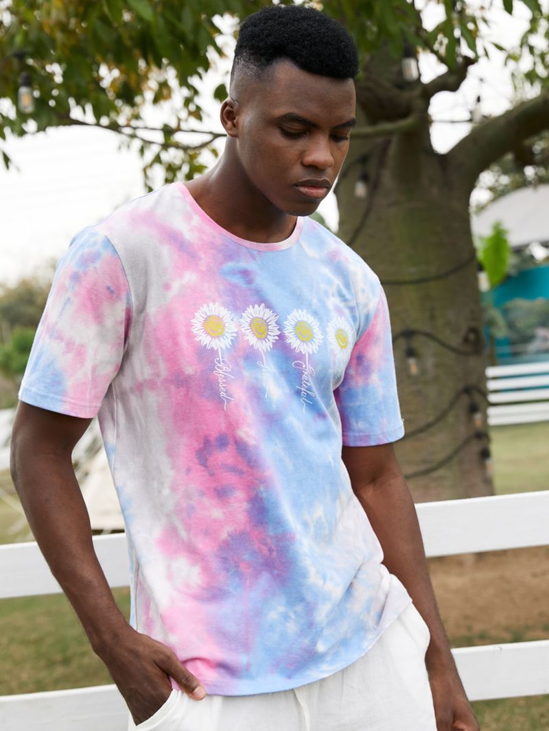 Herre Small Blomster Med Tryk Tie Dye Rund Hals Kortærmet T-shirt