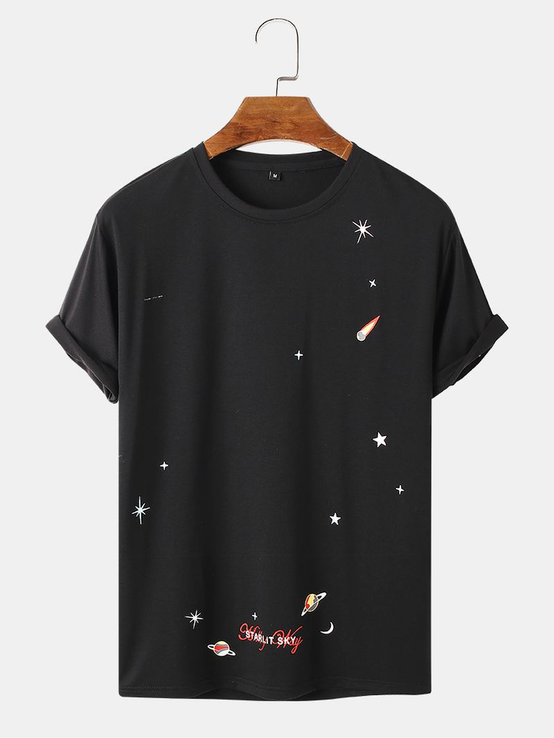 Herre Space Element Med Tryk O-hals 100% Bomuld Kortærmet T-shirt