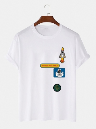 Herre Tegneserie Astronaut Rocket Med Tryk O-hals 100% Bomuld T-shirt