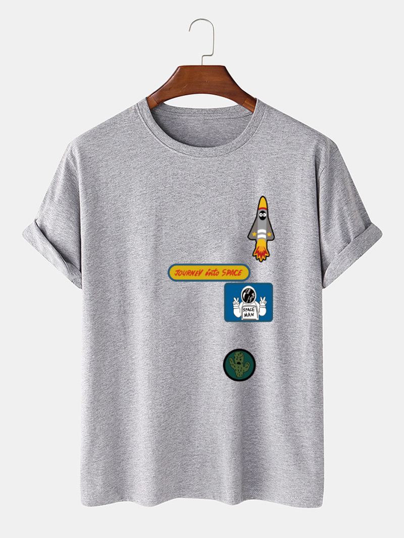 Herre Tegneserie Astronaut Rocket Med Tryk O-hals 100% Bomuld T-shirt