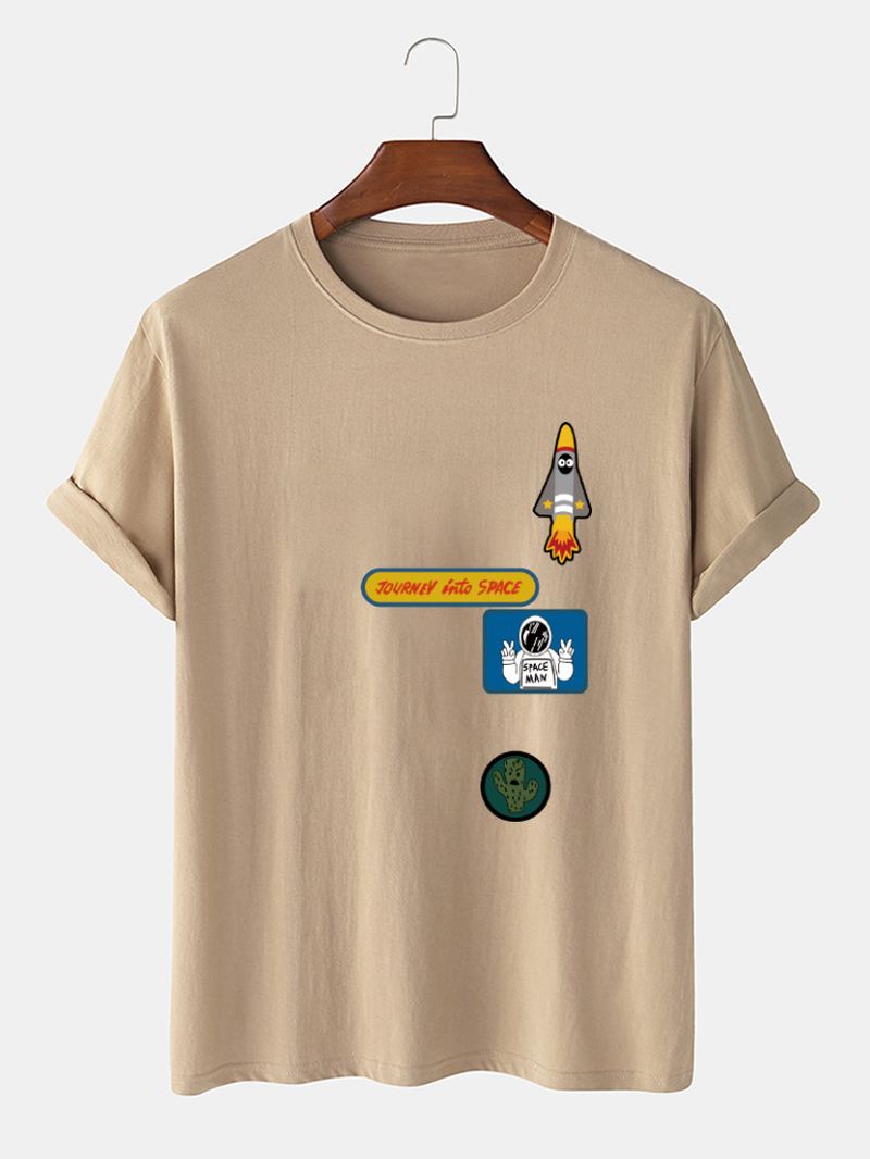 Herre Tegneserie Astronaut Rocket Med Tryk O-hals 100% Bomuld T-shirt