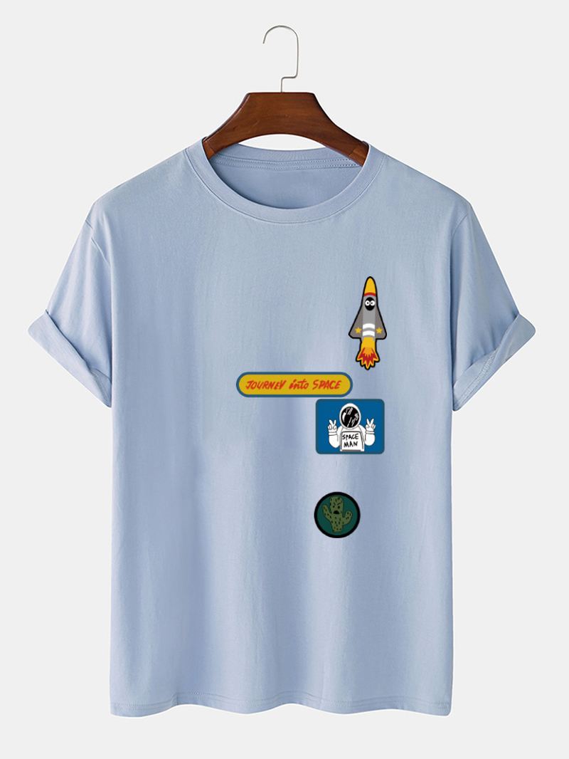 Herre Tegneserie Astronaut Rocket Med Tryk O-hals 100% Bomuld T-shirt