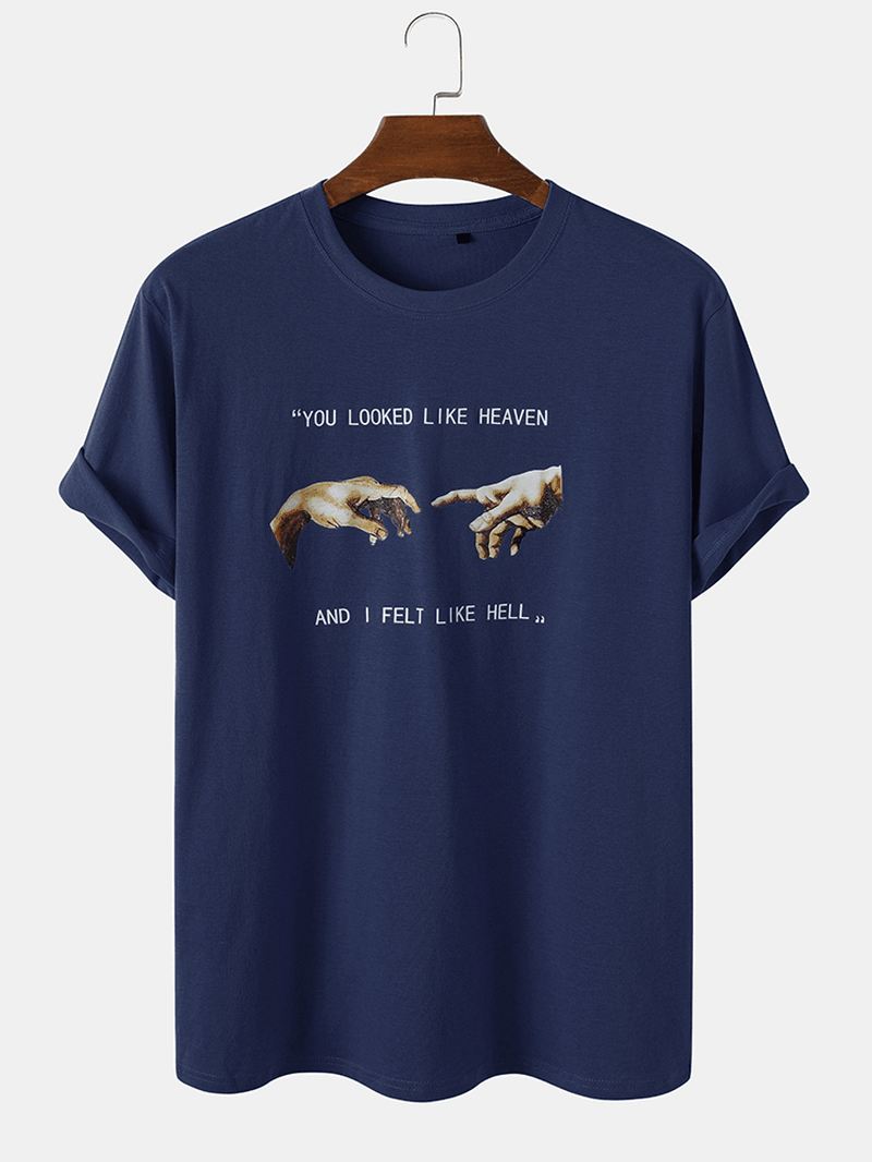 Herrehænder Slogantryk 100% Bomuld Casual Løs Kortærmet T-shirt