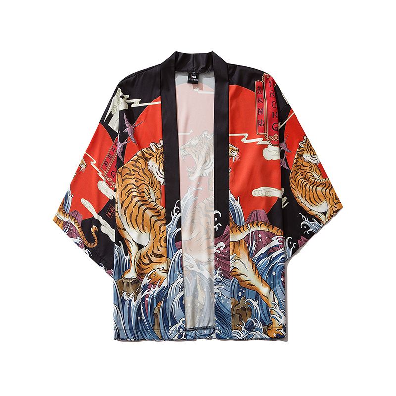 Japansk Ukiyo-e Robe Kostume Tiger Med Tryk Kimono