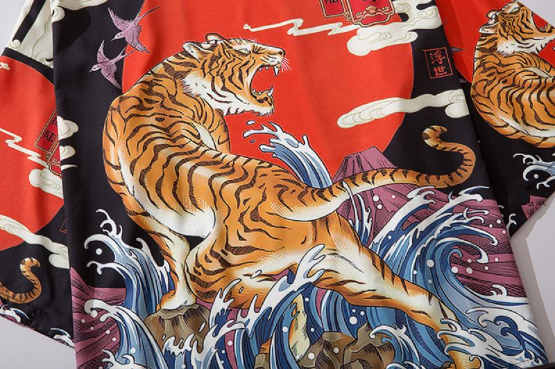 Japansk Ukiyo-e Robe Kostume Tiger Med Tryk Kimono