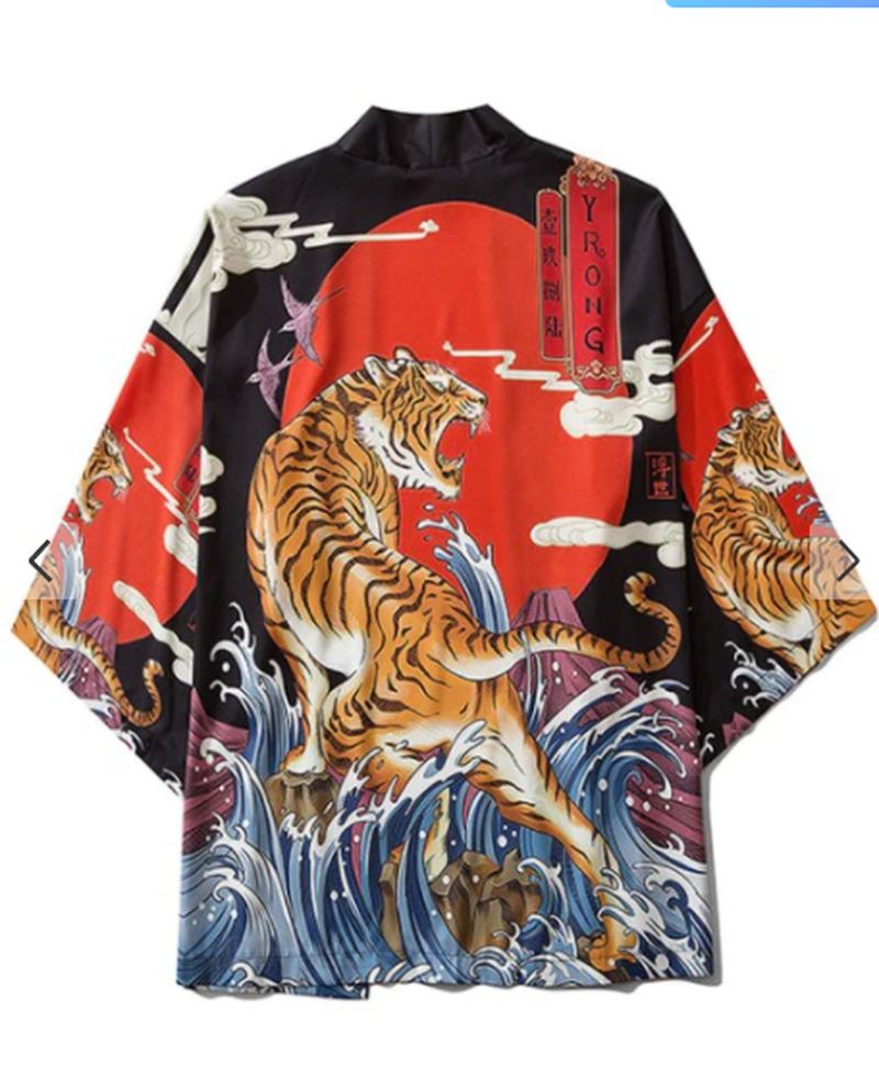 Japansk Ukiyo-e Robe Kostume Tiger Med Tryk Kimono