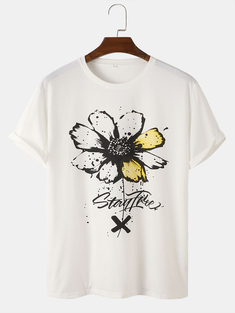 Kortærmede Bomulds-t-shirts Med O-hals Med Blomstertryk Til Mænd