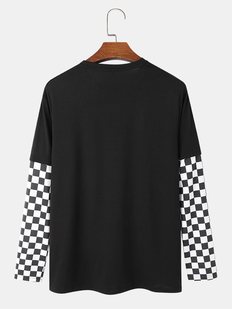 Langærmet Herre Skakternet False Two Patchwork T-shirt