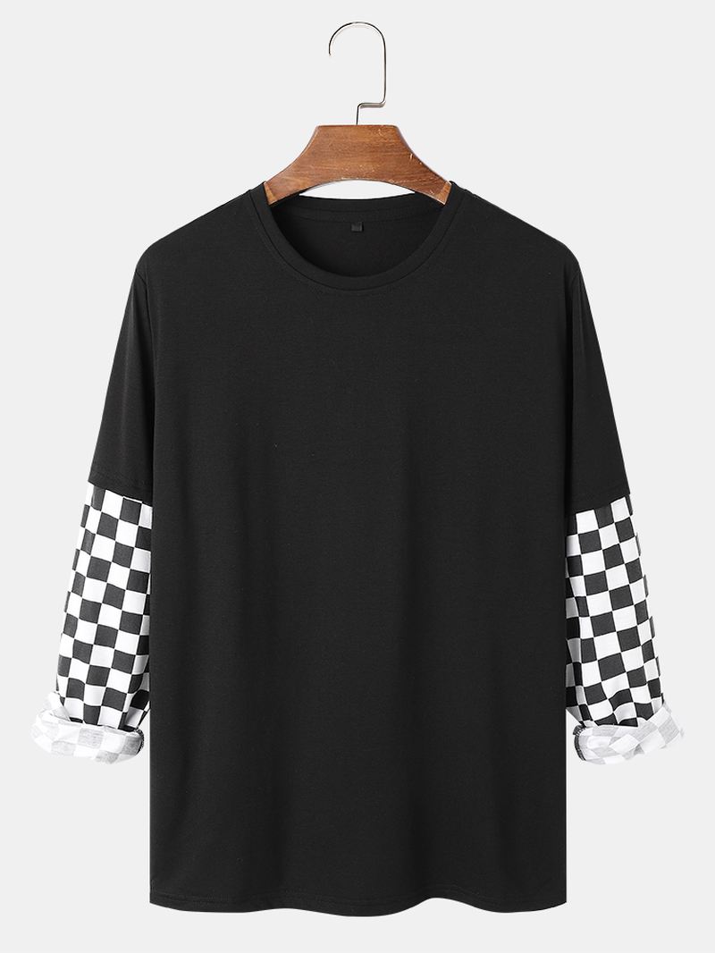 Langærmet Herre Skakternet False Two Patchwork T-shirt