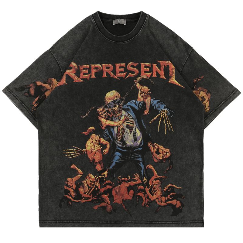 Skull Med Tryk Vasket Distressed Hip Hop Løs Kortærmet T-shirt Til Mænd