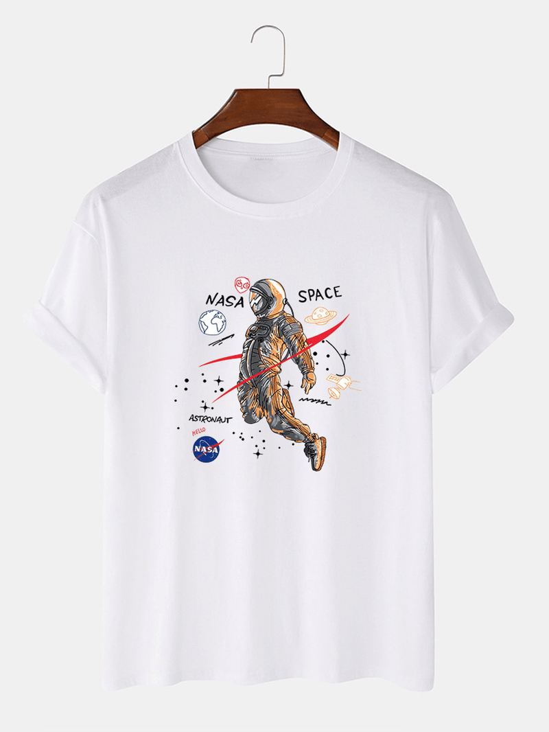 Tegneserie Astronaut Med Tryk 100% Bomuld Casual Kortærmede T-shirts