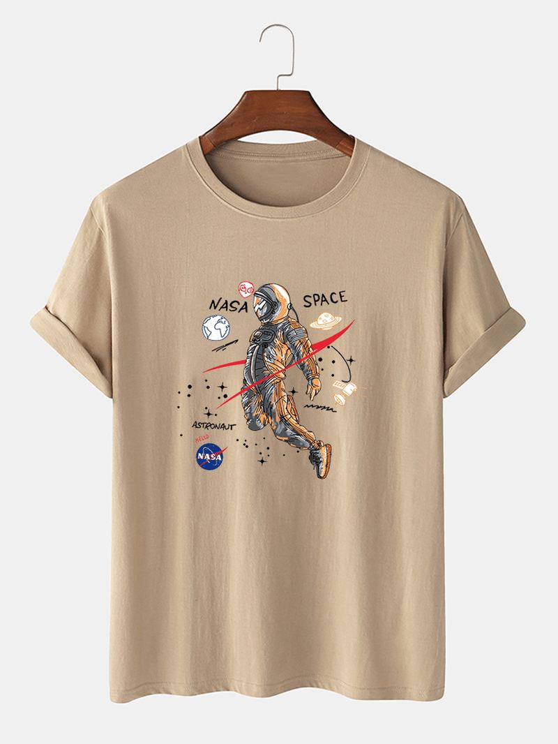 Tegneserie Astronaut Med Tryk 100% Bomuld Casual Kortærmede T-shirts