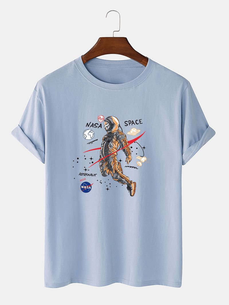 Tegneserie Astronaut Med Tryk 100% Bomuld Casual Kortærmede T-shirts