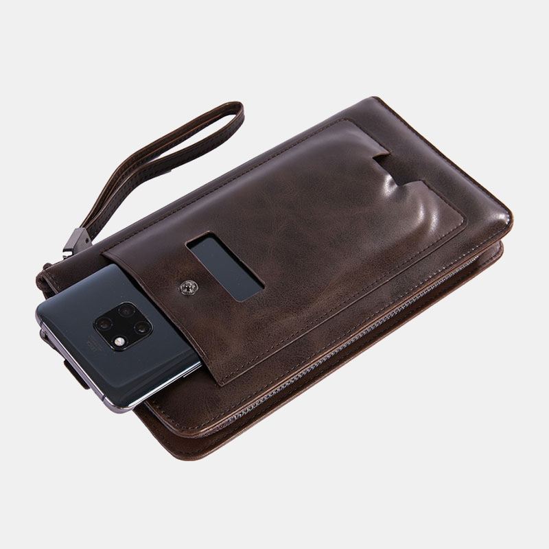 Mænd Imiteret Læder Retro Business 6.3 Tommer Telefontaske Håndbærende Tegnebog Clutch Taske Med Håndledsstrop