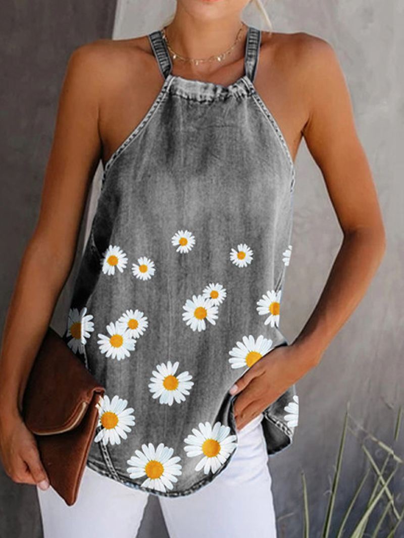 Blomsterprint Halter Kvinder Casual Denim Tank Tops