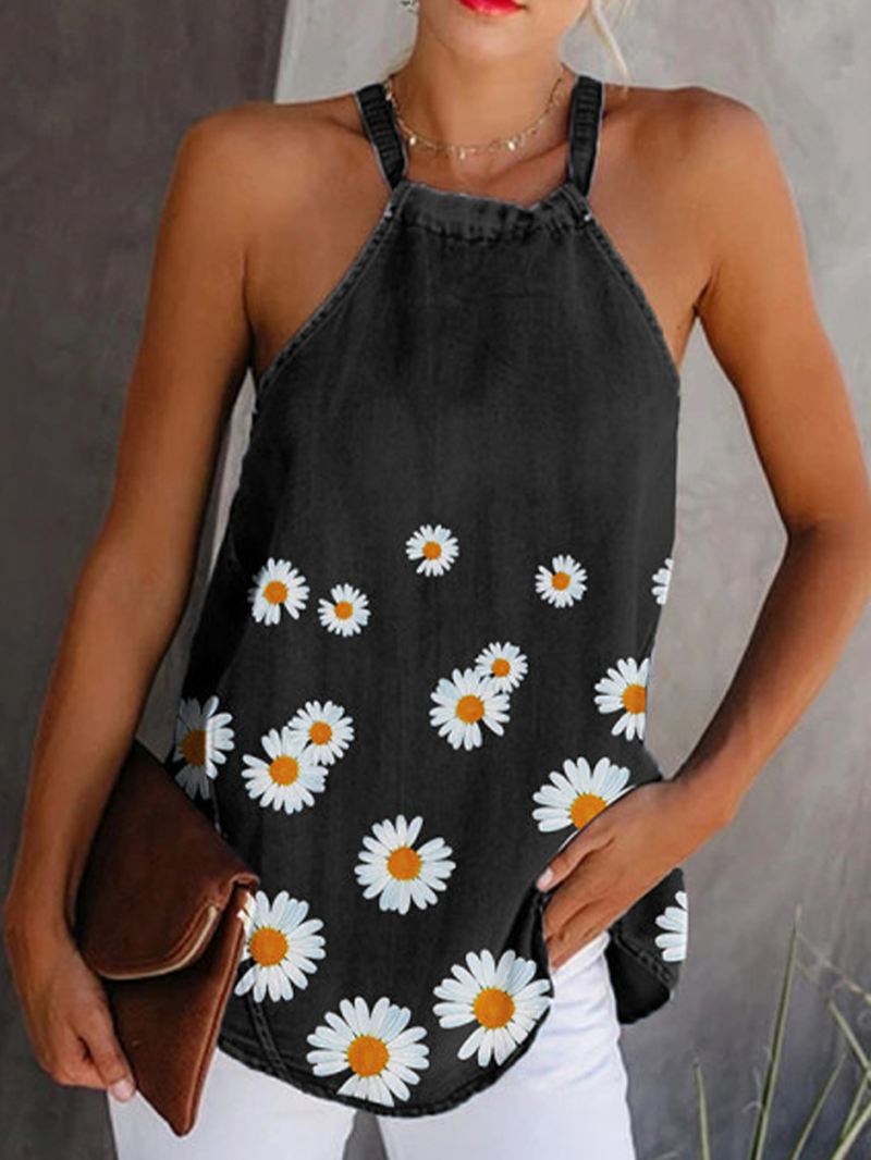 Blomsterprint Halter Kvinder Casual Denim Tank Tops