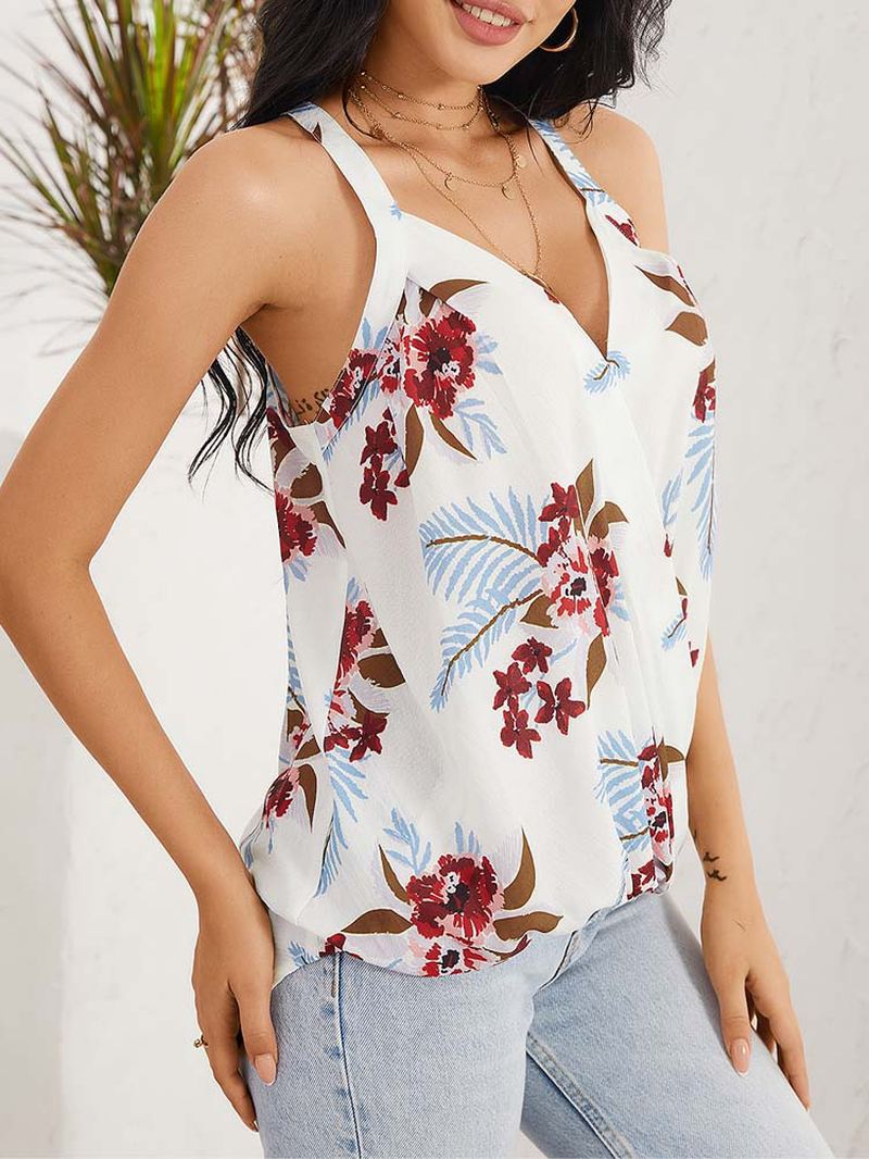 Blomsterprint Halter V-hals Patchwork Holiday Ærmeløs Tanktop