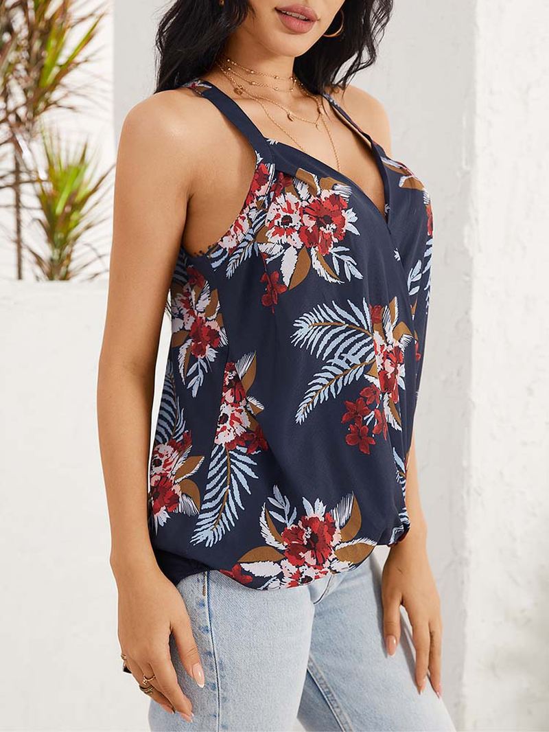 Blomsterprint Halter V-hals Patchwork Holiday Ærmeløs Tanktop