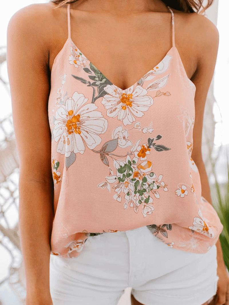 Casual Floral Med Tryk V-hals Ærmeløs Holiday Wild Tank Top