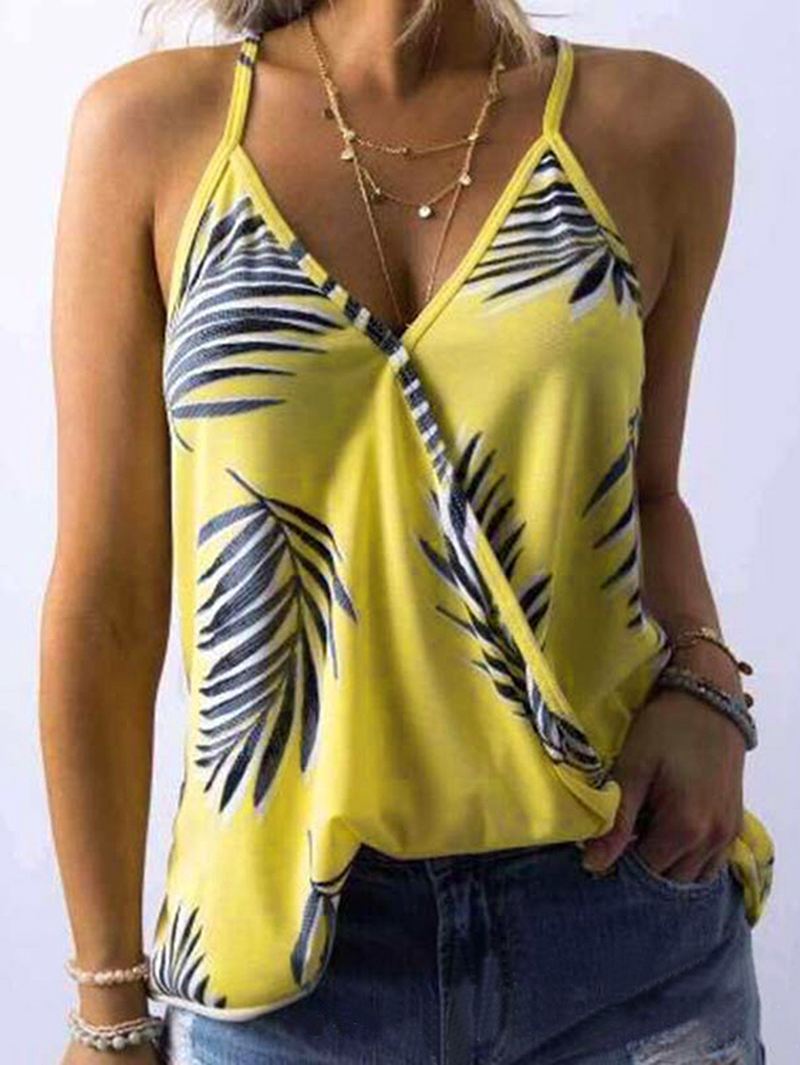 Tropical Plant Med Tryk V-hals Ærmeløse Summer Hawaii Tank Tops