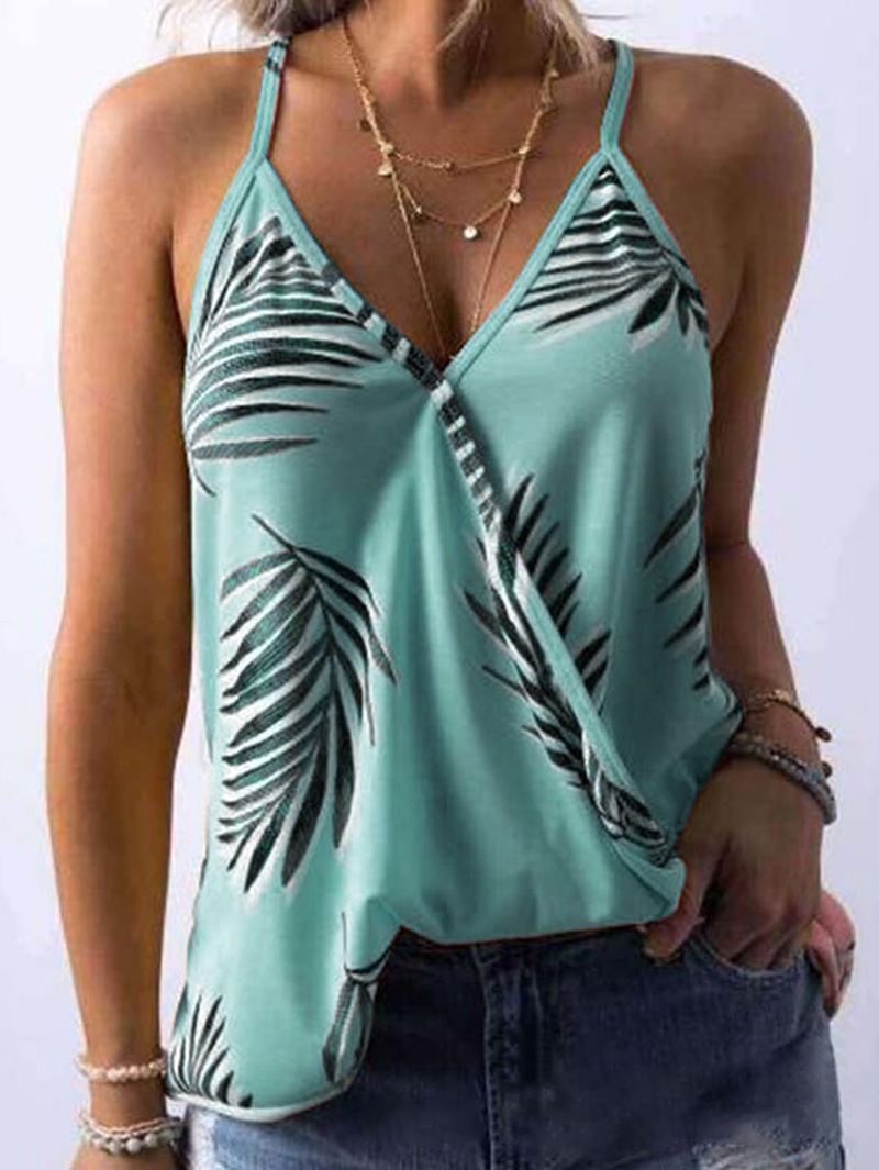 Tropical Plant Med Tryk V-hals Ærmeløse Summer Hawaii Tank Tops