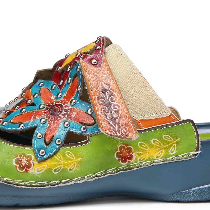 Håndlavet Læder Besat Floral Slip-on Flat Slides Mules Træsko Sandaler