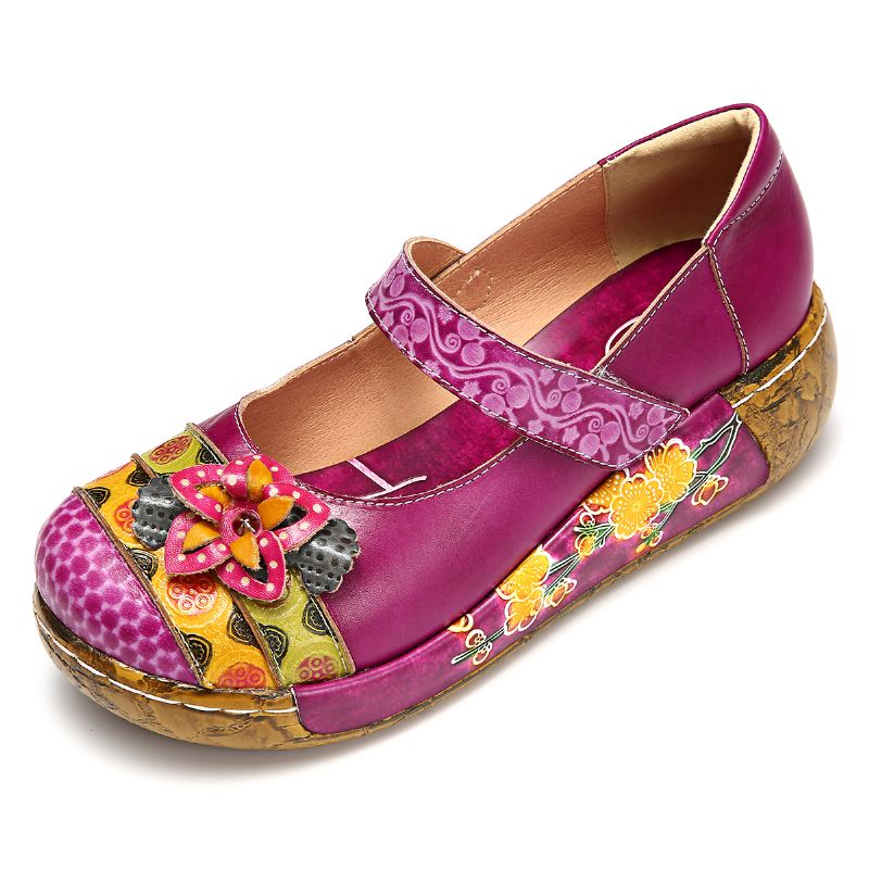 Kvinder Ægte Læder Folkways Vintage Blomster Krogløkke Sommer Platform Wedge Sandaler