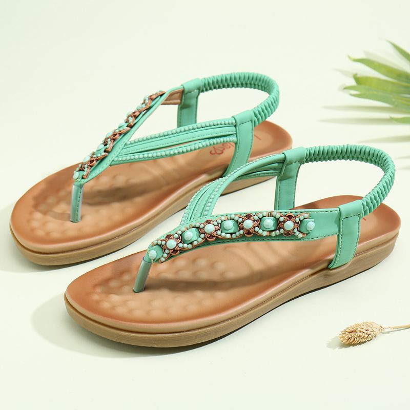 Kvinder Beading Rhinestone Elastic Band Slip-on Flip Flops Casual Sandaler