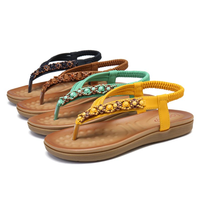 Kvinder Beading Rhinestone Elastic Band Slip-on Flip Flops Casual Sandaler