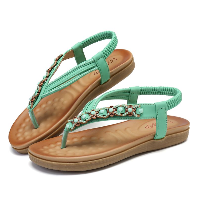 Kvinder Beading Rhinestone Elastic Band Slip-on Flip Flops Casual Sandaler