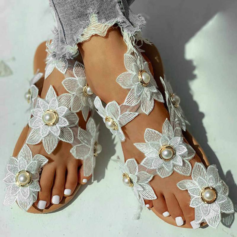 Kvinder Blomster Decro Bohemia Beading Slip På Casual Holiday Beach Flat Sandaler