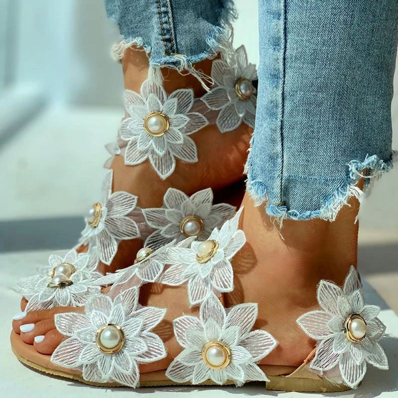 Kvinder Blomster Decro Bohemia Beading Slip På Casual Holiday Beach Flat Sandaler