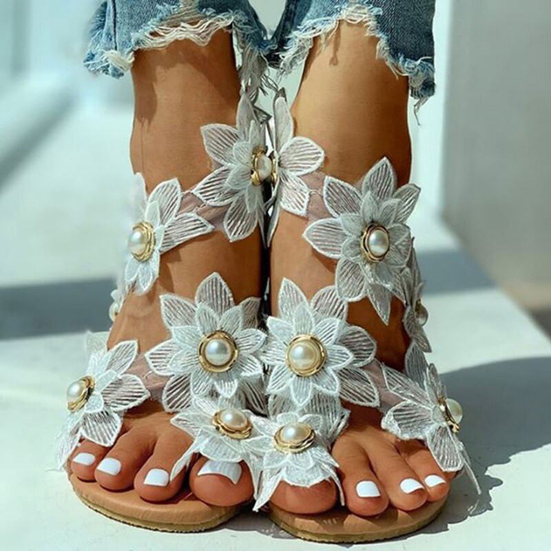 Kvinder Blomster Decro Bohemia Beading Slip På Casual Holiday Beach Flat Sandaler