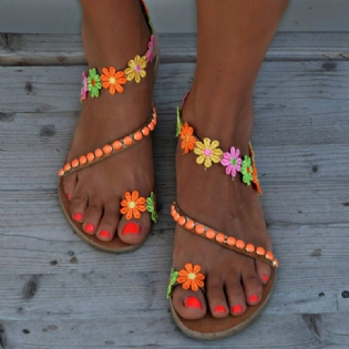 Kvinder Bohemian Blomster Decoration Bead Slip On Clip Toe Summer Beach Flat Sandaler