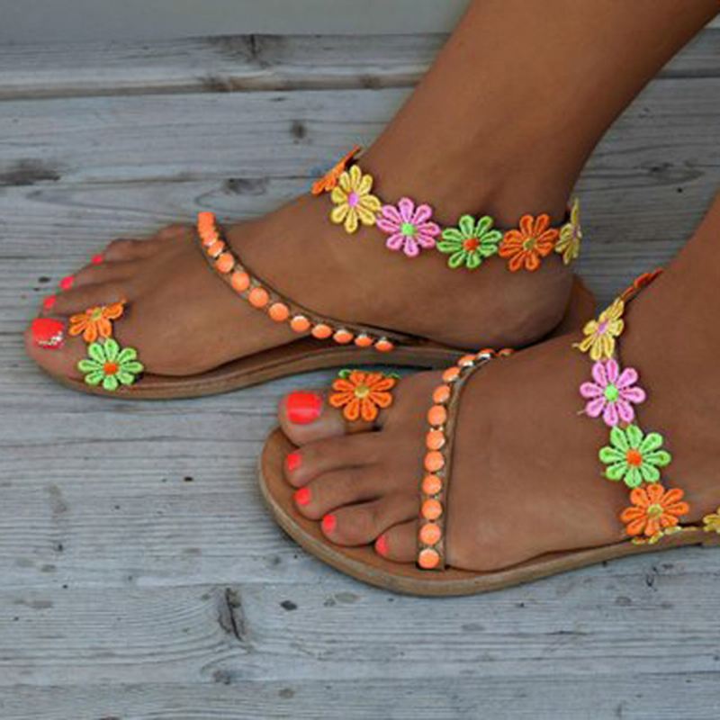 Kvinder Bohemian Blomster Decoration Bead Slip On Clip Toe Summer Beach Flat Sandaler